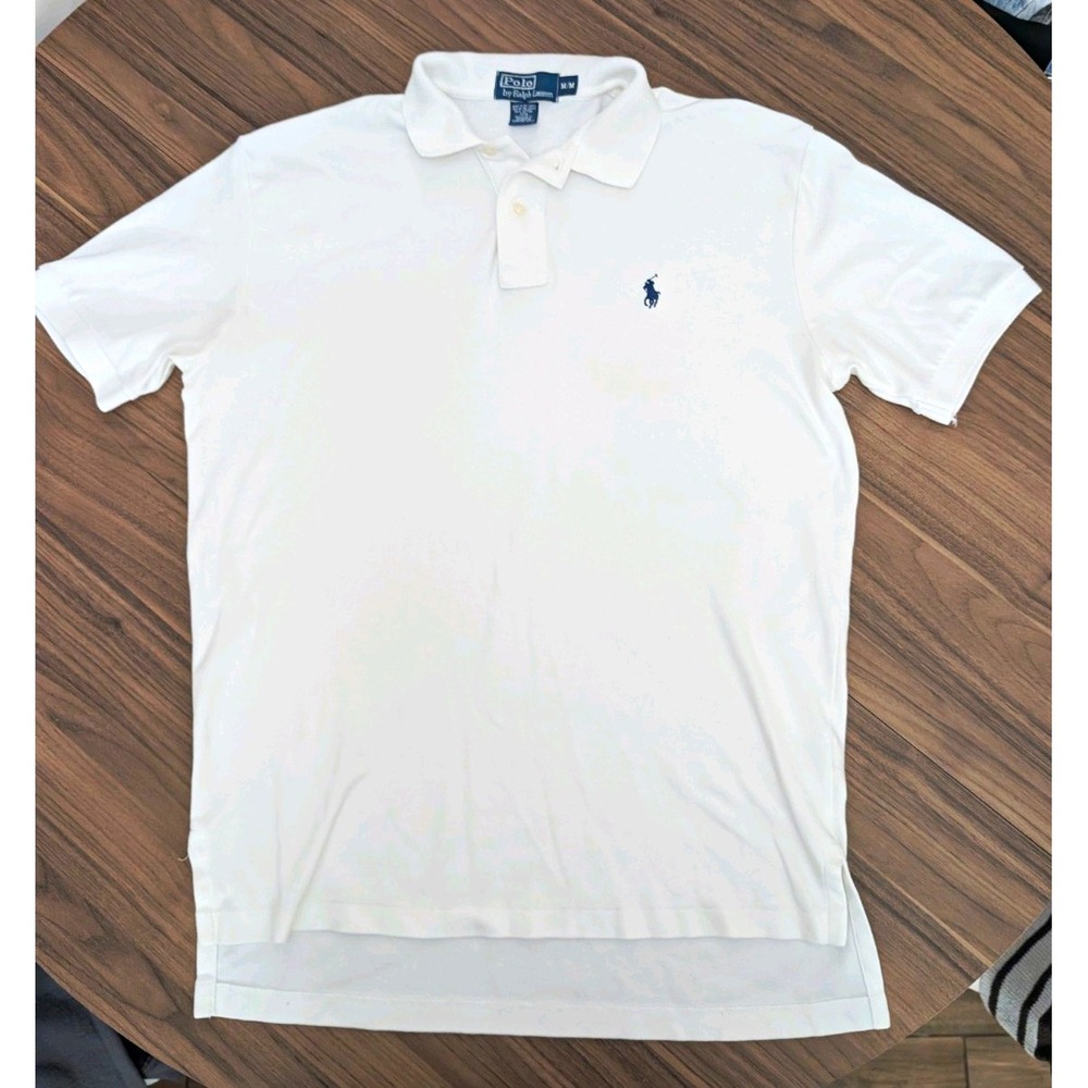 Polo Ralph Lauren Men's M White Cotton Polo Shirt Navy Pony Logo Preppy Flawed